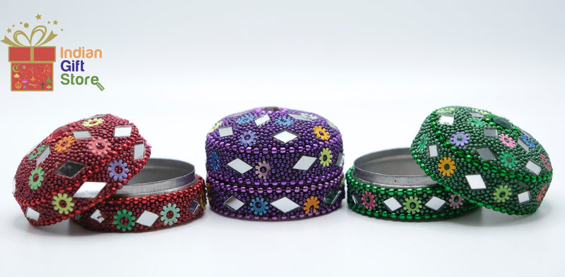Handmade sindoor boxes with stone and mirror embellishments (set of 3 – red, purple, green)