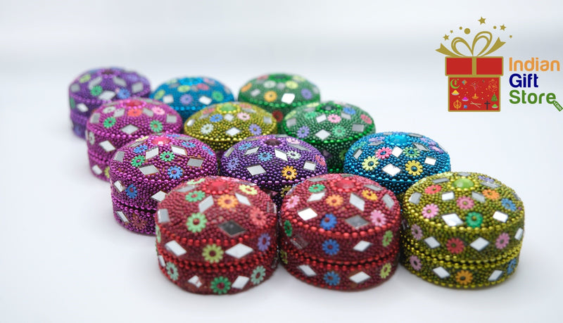 Handmade sindoor boxes with stone and mirror embellishments (set of 3 – red, purple, green)
