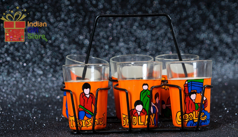 Sholay–inspired painted tea cups (set of 6) with holder