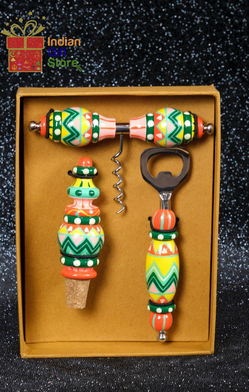 Trio: Hand-painted cork opener, bottle stopper, and corkscrew set