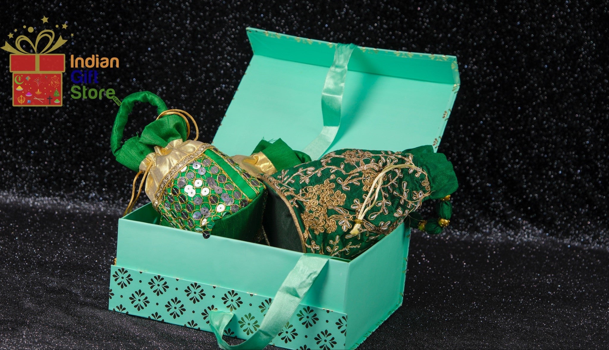 Teal gift box with intricate gold detailing + Grand potli bags with gold threading, storage capacity, and lantern accent