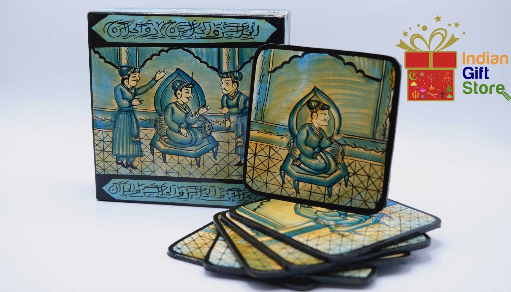 Mughal Darbar–inspired paper mâché coaster set in blue