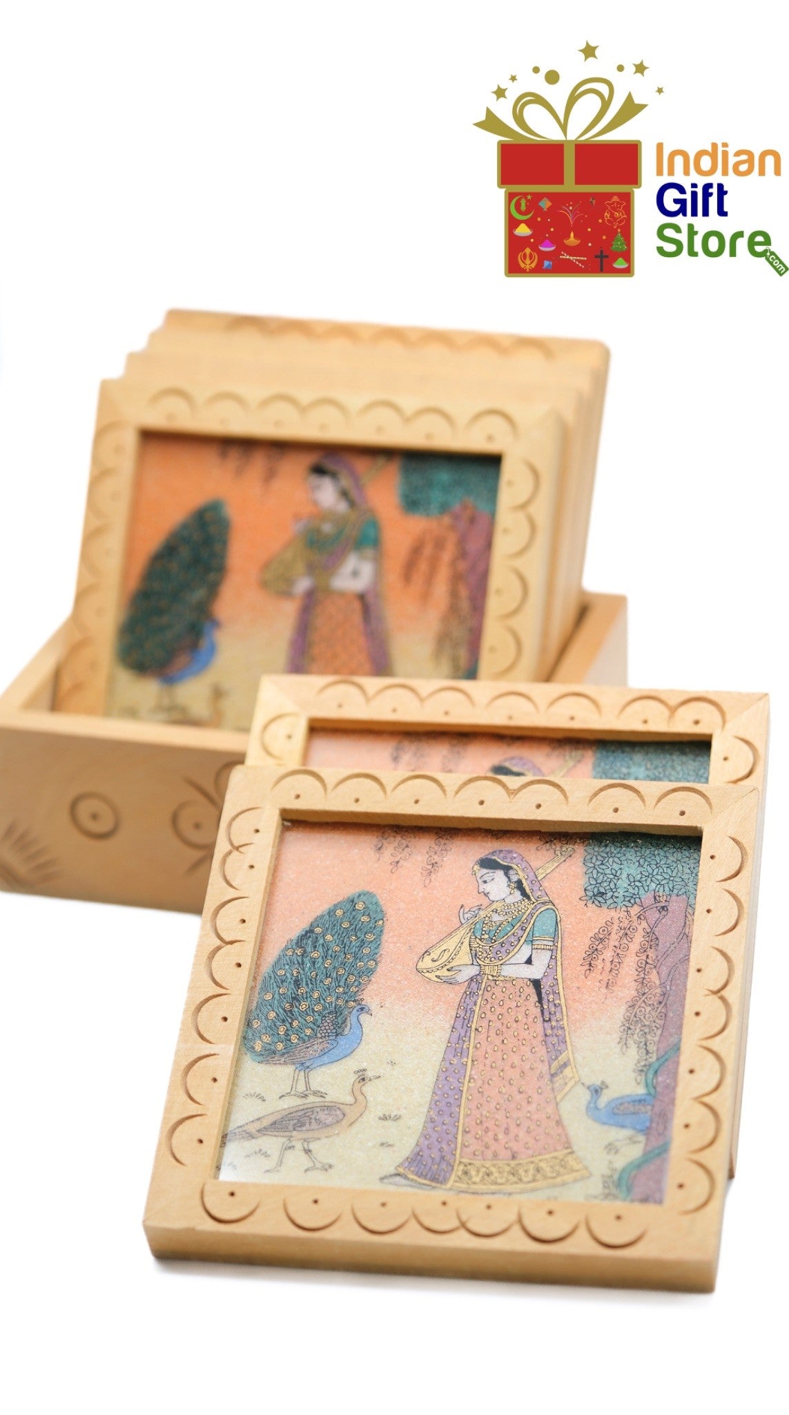 Women with peacock Indian folk art coaster set