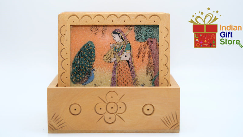 Women with peacock Indian folk art coaster set