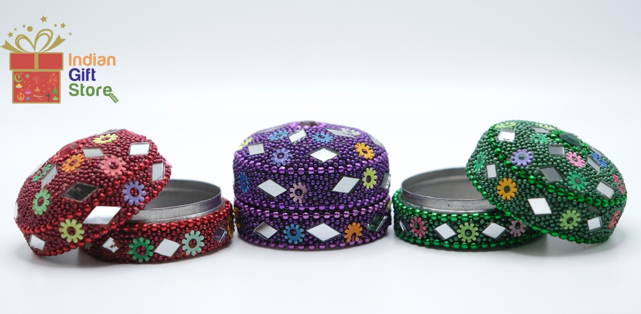 Handmade sindoor boxes with stone and mirror embellishments (set of 3 – red, purple, green)