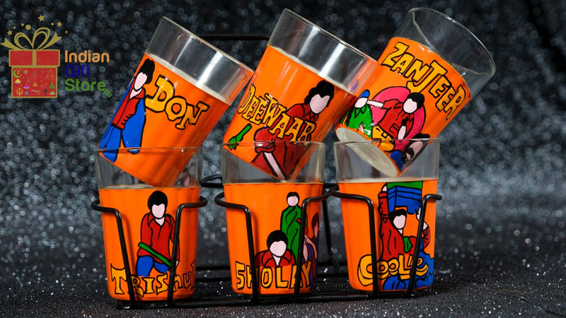 Sholay–inspired painted tea cups (set of 6) with holder