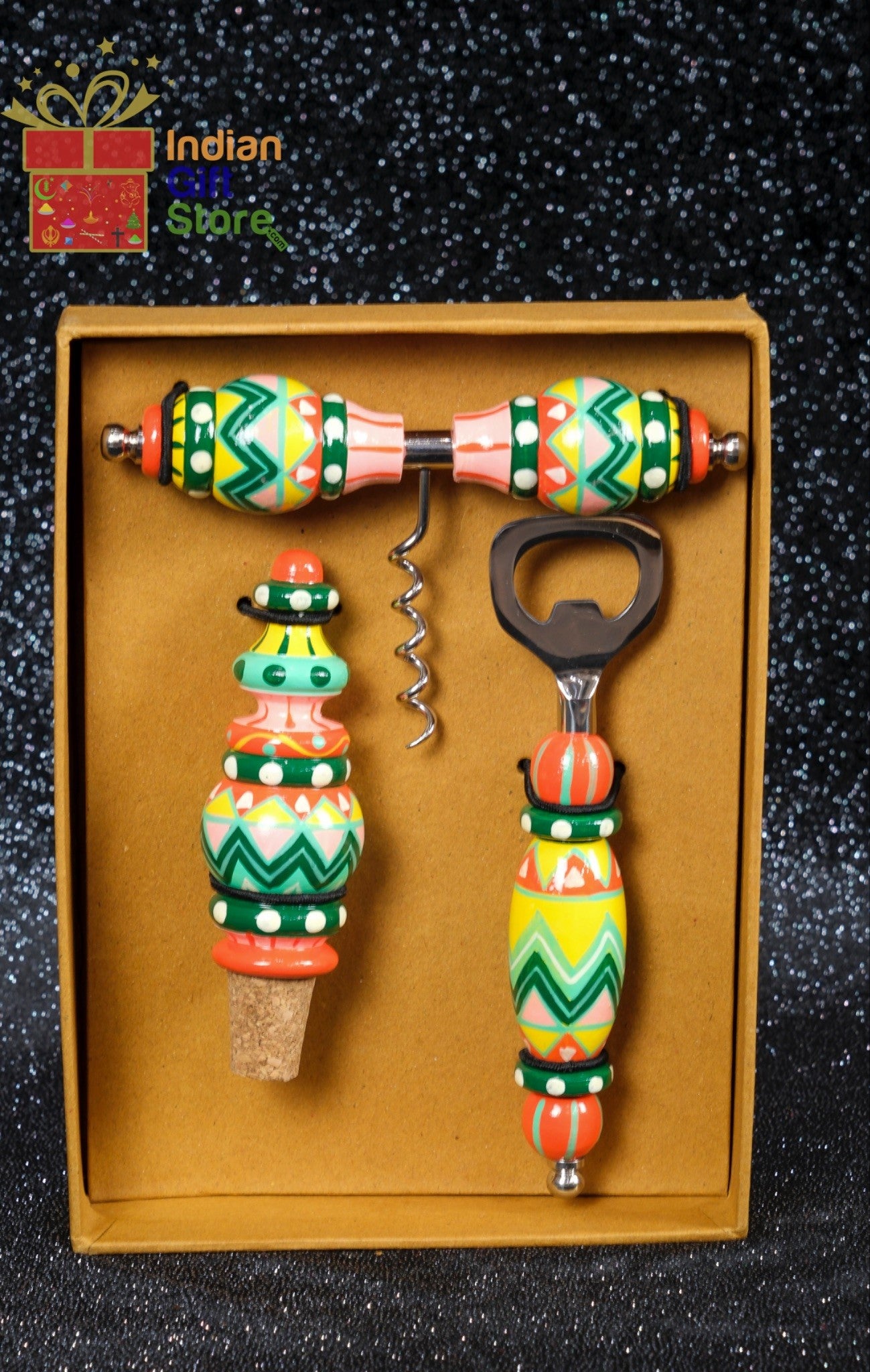Trio: Hand-painted cork opener, bottle stopper, and corkscrew set